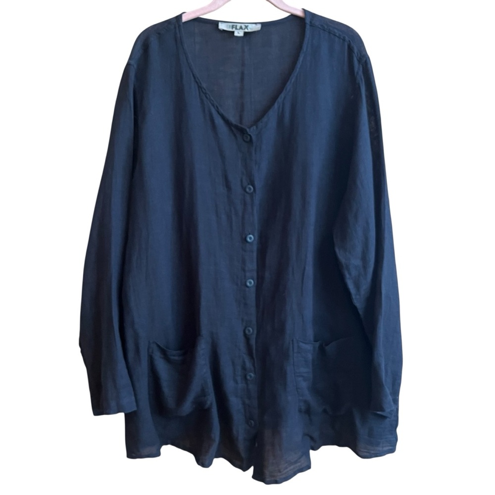 Flax Black Lightweight Button-Up Cardigan Coastal Coverup Semi-Sheer Linen Blend